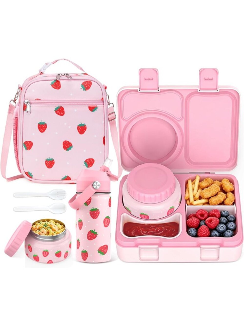 Kids Bento Box Set with Food Jar, Water Bottle & Lunch Bag - Strawberry Design